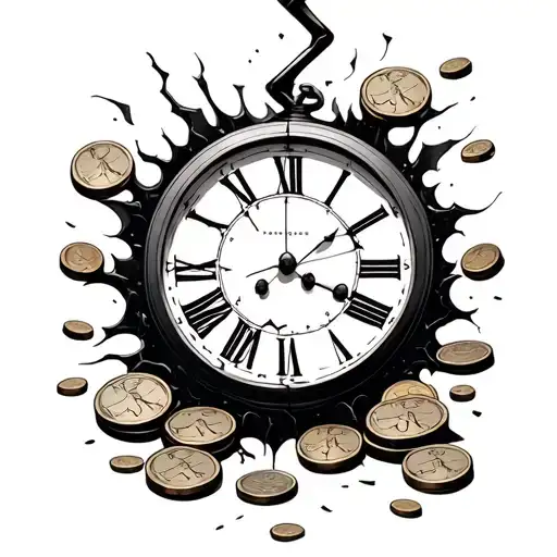 a broken clock face trowing coins tattoo design idea