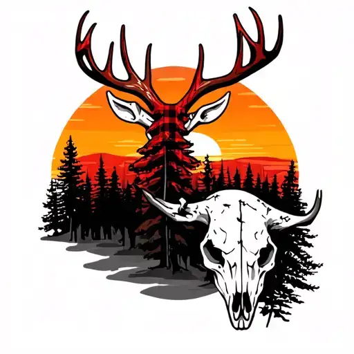 red plaid, deer skull, trees colors sunset tattoo design idea