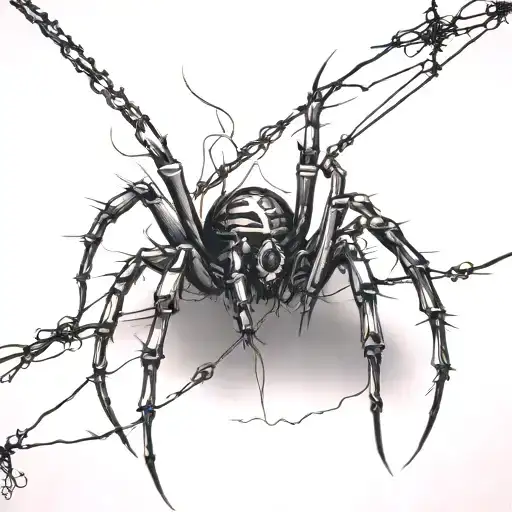 A gothic cybersigilism spider crawling on a straight barbed wire fence tattoo design idea