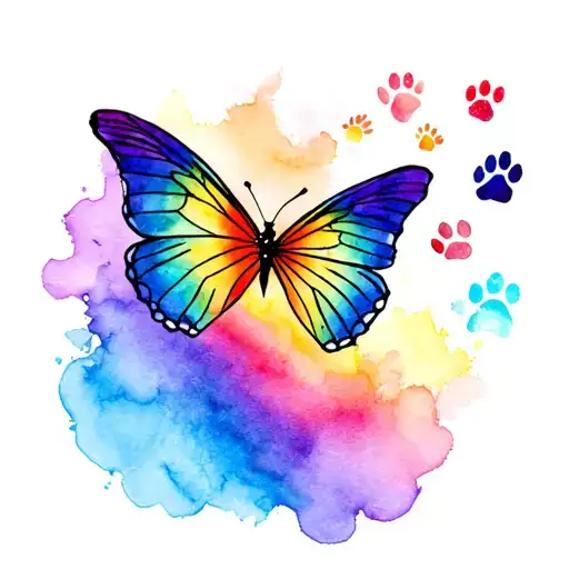 rainbow bridge , butterfly flying and paw print tattoo design idea