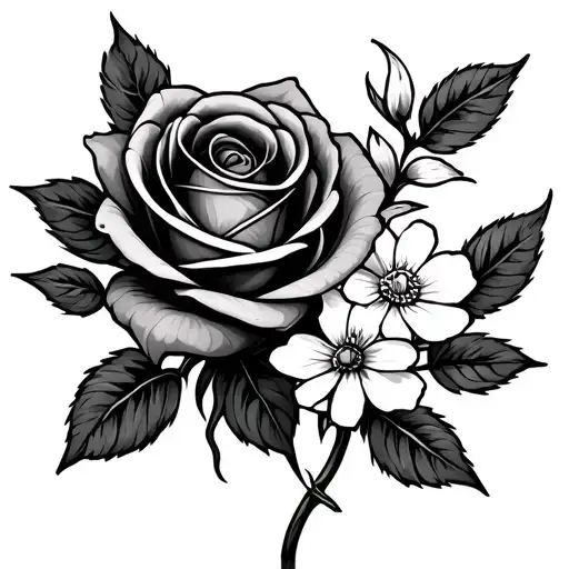A small, black and grey line art tattoo featuring a small rose and paperwhite flowers placed side-by-side girly petite tattoo design idea