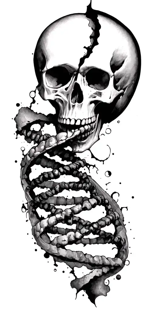 skull face cut in half with DNA double helix tattoo design idea