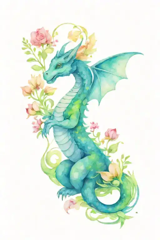 cute dragon surrounded by pretty flowers tattoo design idea