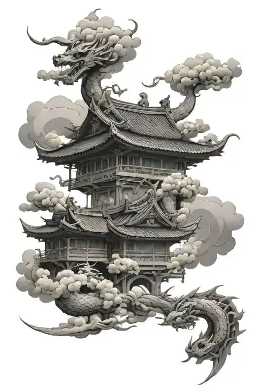 style japanese It sould include a dragon, clouds or sea,and an old japanese temple tattoo design idea