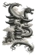 style japanese It sould include a dragon, clouds or sea,and an old japanese temple tattoo design idea