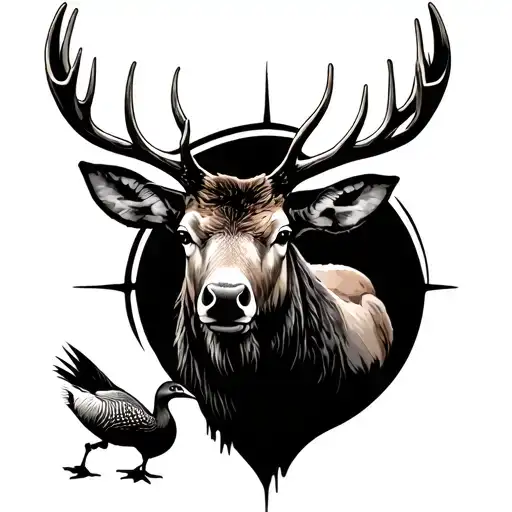 hunting elk and waterfowl and trapping tattoo design idea