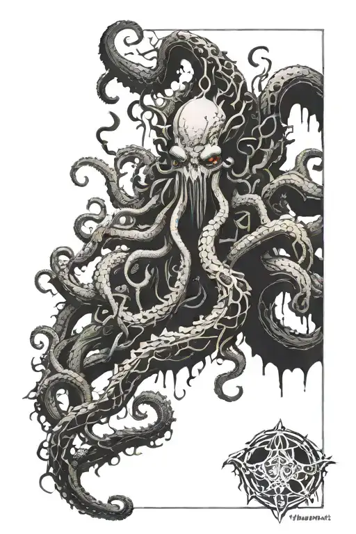 Dark, evil, Cthulhu demon, long tentacles going down tattoo design idea