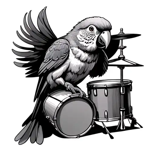 small parrot playing the drums tattoo design idea