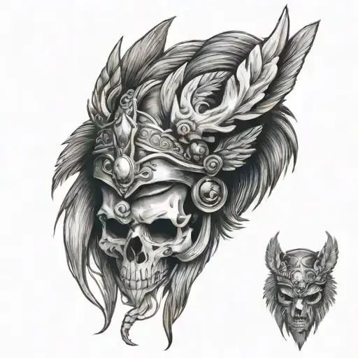 valkyrie face with wolf skull on head viking style tattoo design idea
