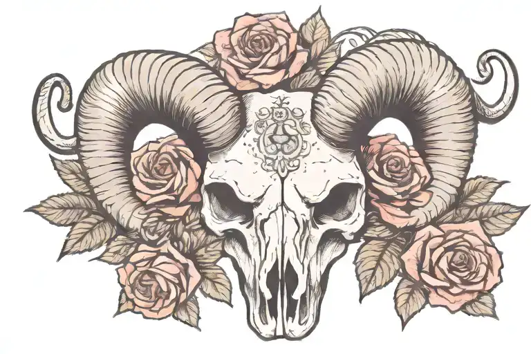 big horn ram skull with large cracked and damaged horns, crown of dying red roses on its head tattoo design idea