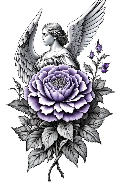 carnation and violet flower intertwined with seraphim angel tattoo design idea