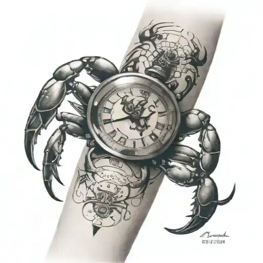 Forearm tattoo with an old watch set to 05:50 with an amount of the astrological sign Crab. In the continuity, tattoo design idea