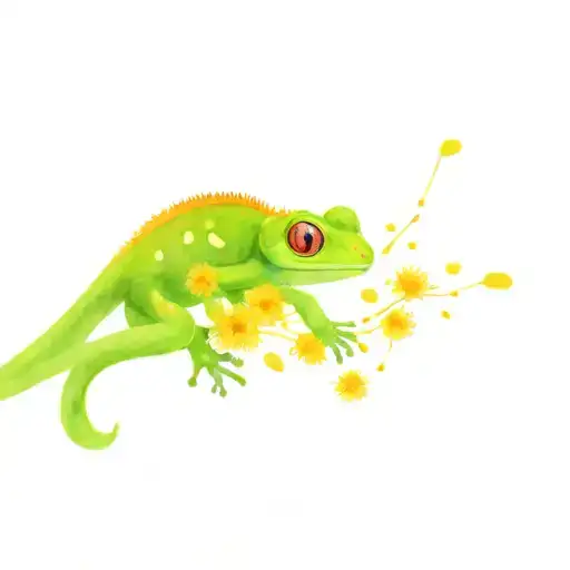 gecko climbing a dandelion flower with watercolor splatter petals  tattoo design idea