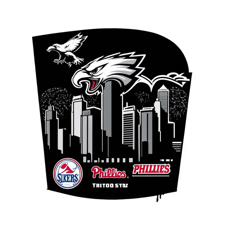 Philly skyline with sixers eagles and Phillies logo tattoo design idea