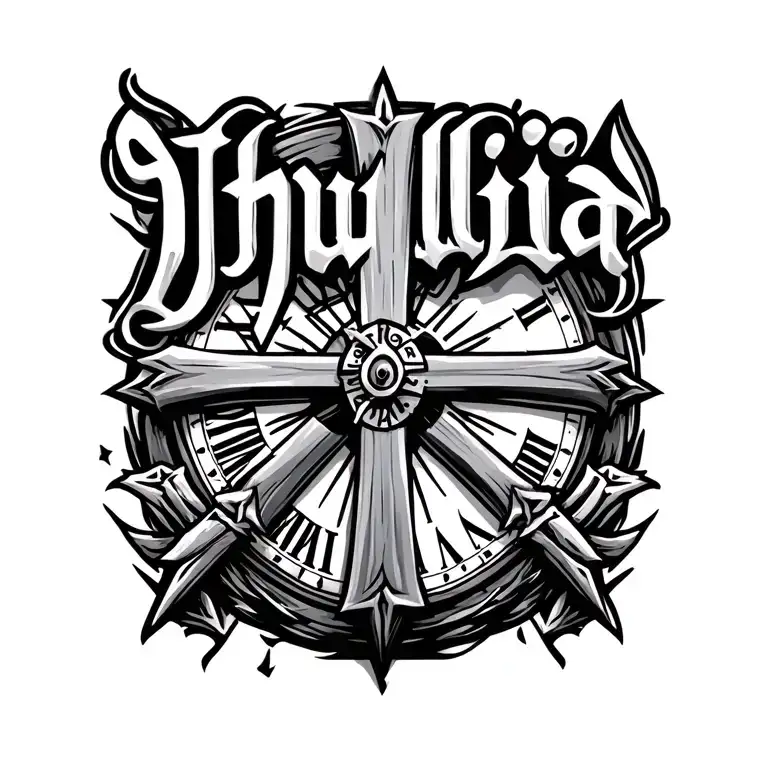 "Jhullia" jerusalem cross combined with 22 backgrounf with a clock of time tattoo design idea