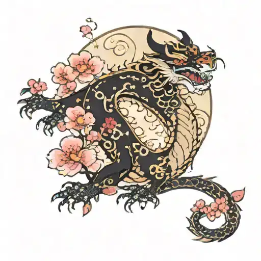 leaperd and moon with around japenese dragon wrapped side some sakura flowers  tattoo design idea