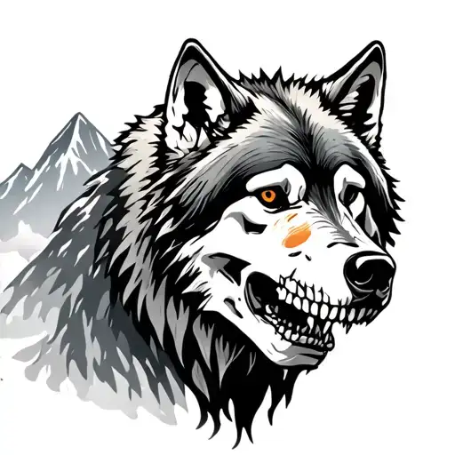 Wolf mountain skeleton tattoo design idea
