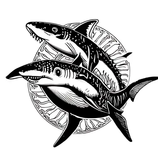 hammer head shark and whale shark swimming side by side going opposite ways filled in with hawian and sun details  tattoo design idea