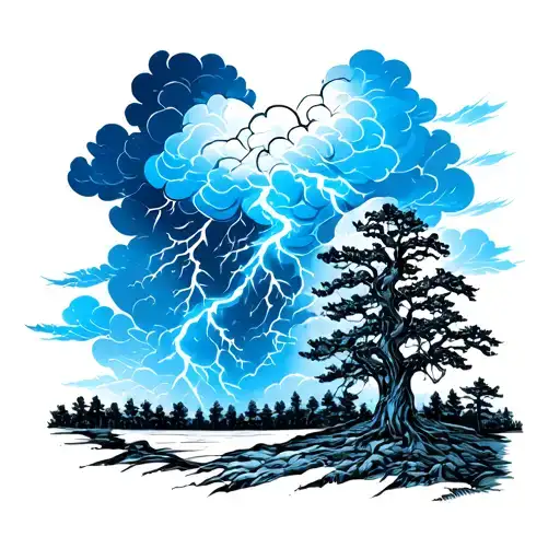 storm clouds and trees with blue thunder tattoo design idea