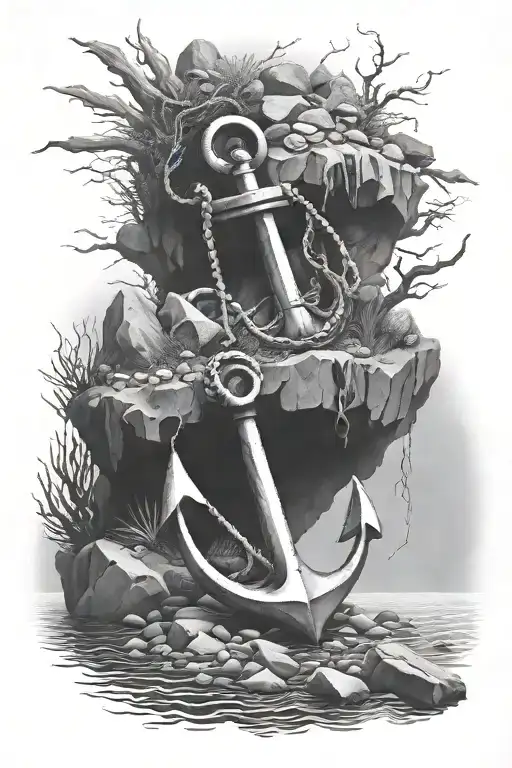 sunken anchor stuch in rocks at the bottom of the ocean black and grey   tattoo design idea