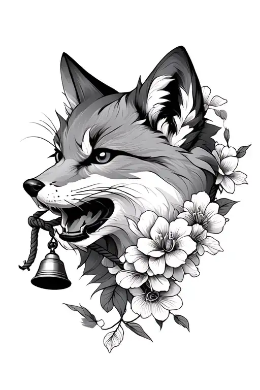 Kitsune face in profile biting a rope with a bell in his mouth and Japanese flowers in the background tattoo design idea