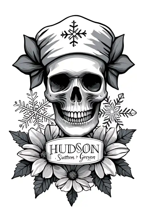 "Hudson, Sutton, Greyson" Skull with nurse hat, nordic snowflake, 2 november birth flowers, july birth flower tattoo design idea
