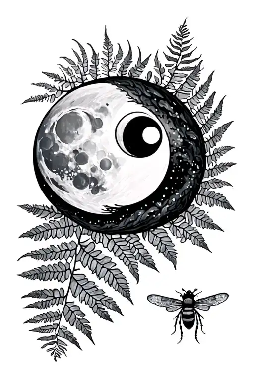 fern, moon phases, dragonfly, honeybee flying tattoo design idea