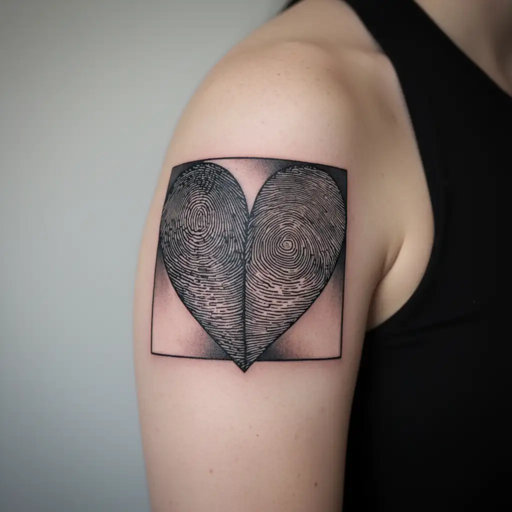 Create an image of 2separate fingerprints in a heart shape tattoo design idea