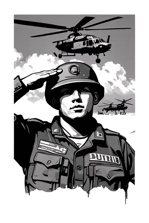 soldier saluting with a blackhawk helicopter in the background tattoo design idea