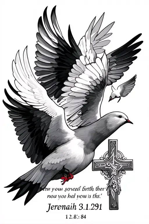 Jeremiah 29:11 verse with 3 doves flying and a cross with the birthdate of 12.01.84 tattoo design idea