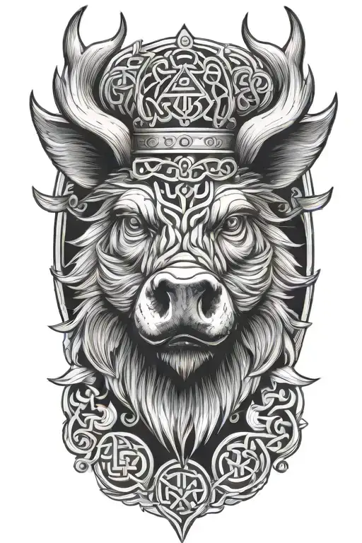 boar head wearing a crown with wings and a celtic trinity knot background tattoo design idea