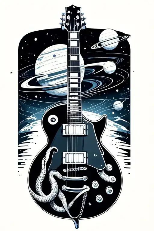 Les Paul guitar with snake wrapped, and planets orbiting tattoo design idea