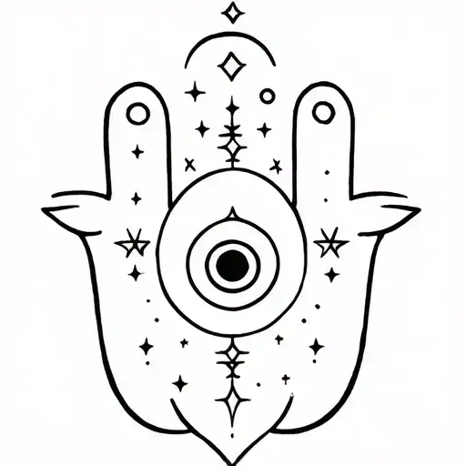 hamsa Jewish star evil eye with tiny stars and sparks in between the three tattoo design idea