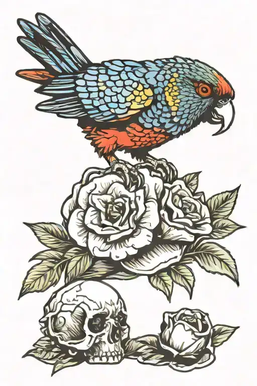 rainbow lorikeet standing on top of skull with flowers tattoo design idea
