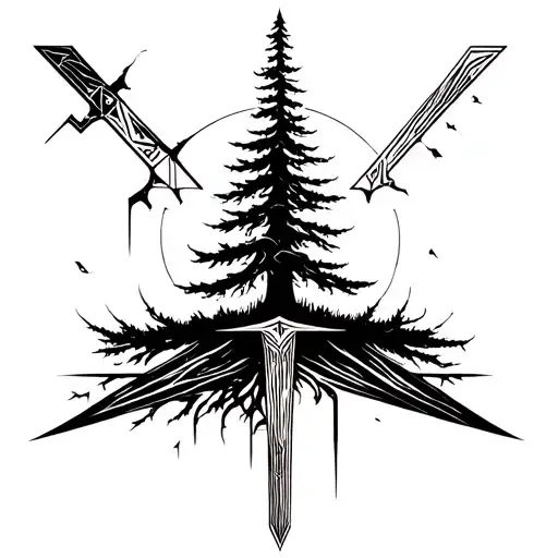 a broken but sharp sword with a cypress tree combined  tattoo design idea