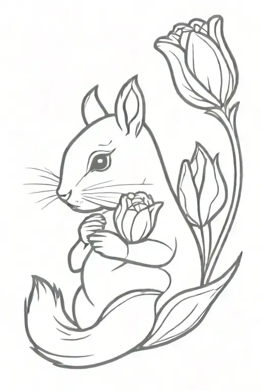 Squirrel holding Tulip flower tattoo design idea