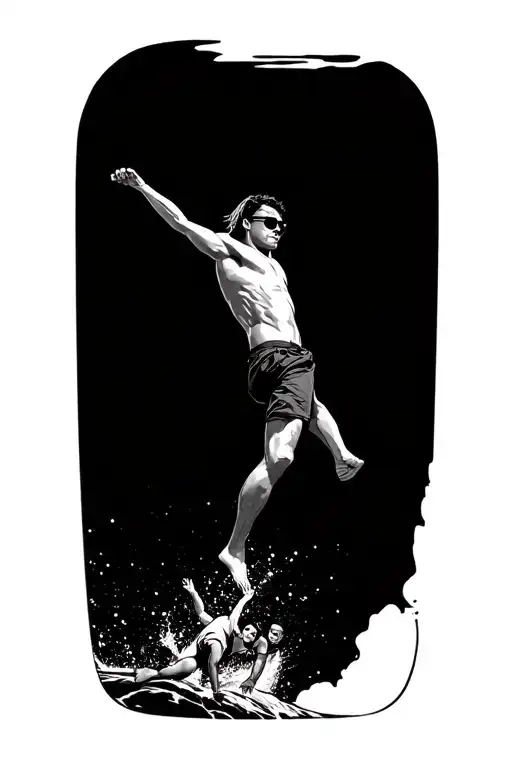 a 20 year old with a mullet and pit viper sunglasses rock jumping with his friends and family geometrical landscape swim tattoo design idea