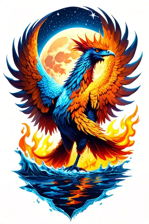 Phoenix with water, ice, fire, over your full moon stars, beautiful view tattoo design idea
