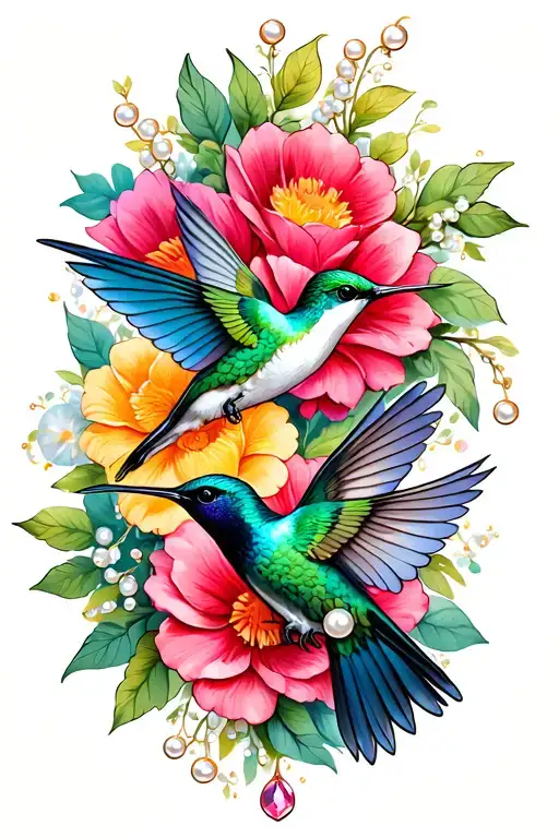 hummingbirds and flowers with pearls and jewels tattoo design idea