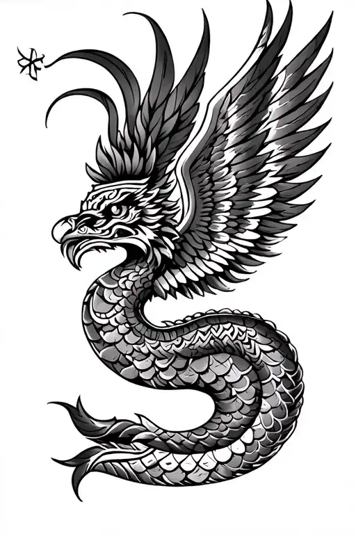Tattoo design of Quetzalcoatl with 1 wing and aztec designs/symbols. Feathered scales. More serpent than bird. Facing to tattoo design idea