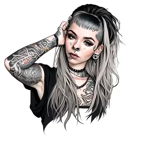 woman with long hair undercut with ear gauges, spectrum piercing, and fully covered in tattoos. wearing baggy shirt  tattoo design idea