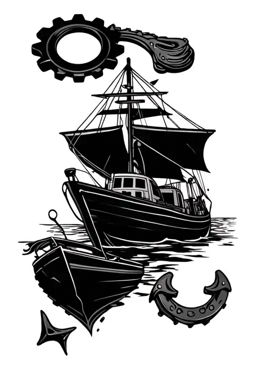 Fine line tattoo with a boat, anchor, horseshoe and car or Manual transmission gear  tattoo design idea