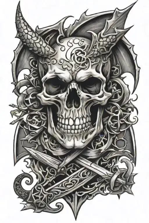 skull dragon dice swords crosses tattoo design idea