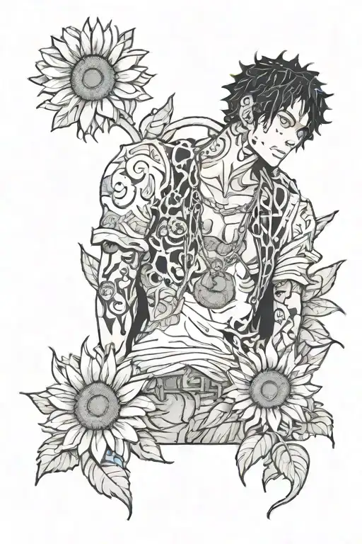 Trafalgar law from one piece, sunflowers, roses, hearts, and black girl  tattoo design idea