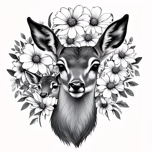 head of a doe and her fawn surrounded by a bouquet of cosmos flowers mor pankh tattoo design idea