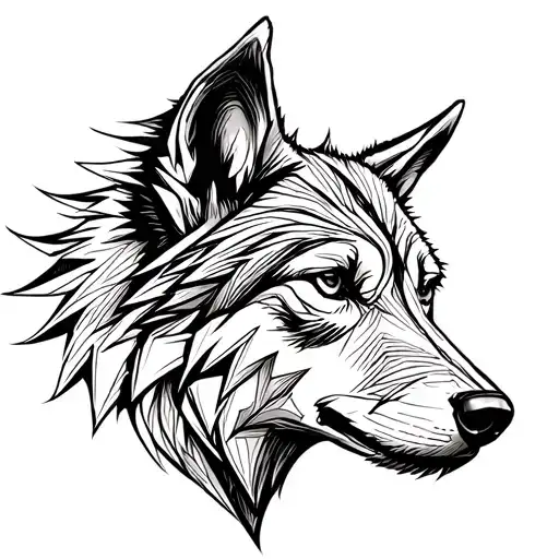 The picture shows a sketch of the head of an animal resembling a wolf or dog. One half of the head is what tattoo design idea
