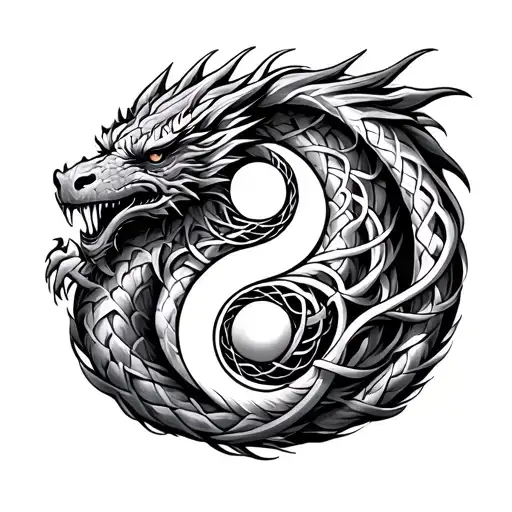 Celtic dragon wrapped around yin yang with quantum entanglement  tattoo design idea