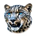 snow leopard in profile with grin and blue eyes tattoo design idea