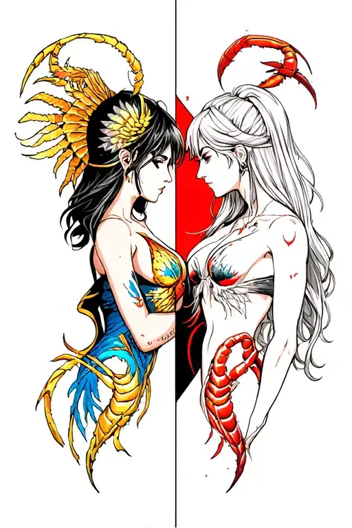 sagittarius women and scorpio man looking at each other only top half tattoo design idea