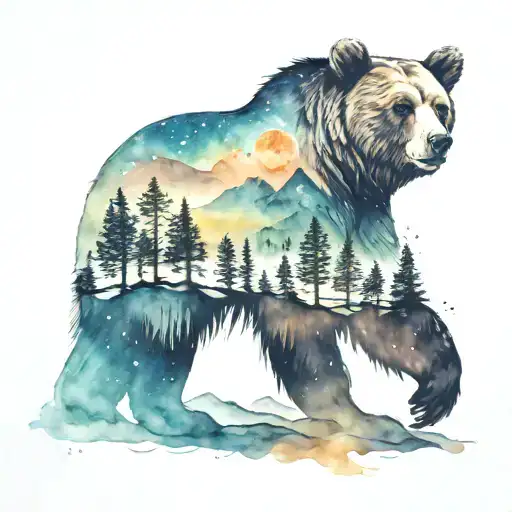 california bear with mountain and stars and moon  tattoo design idea